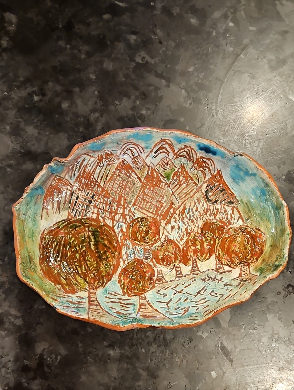 Amazing Handcrafted Ceramic Landscape Platter, Sgraffito Etched Art by Paige